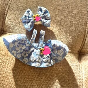 Floral Blue Hair Bow and Dress Set for 17cm Labubu